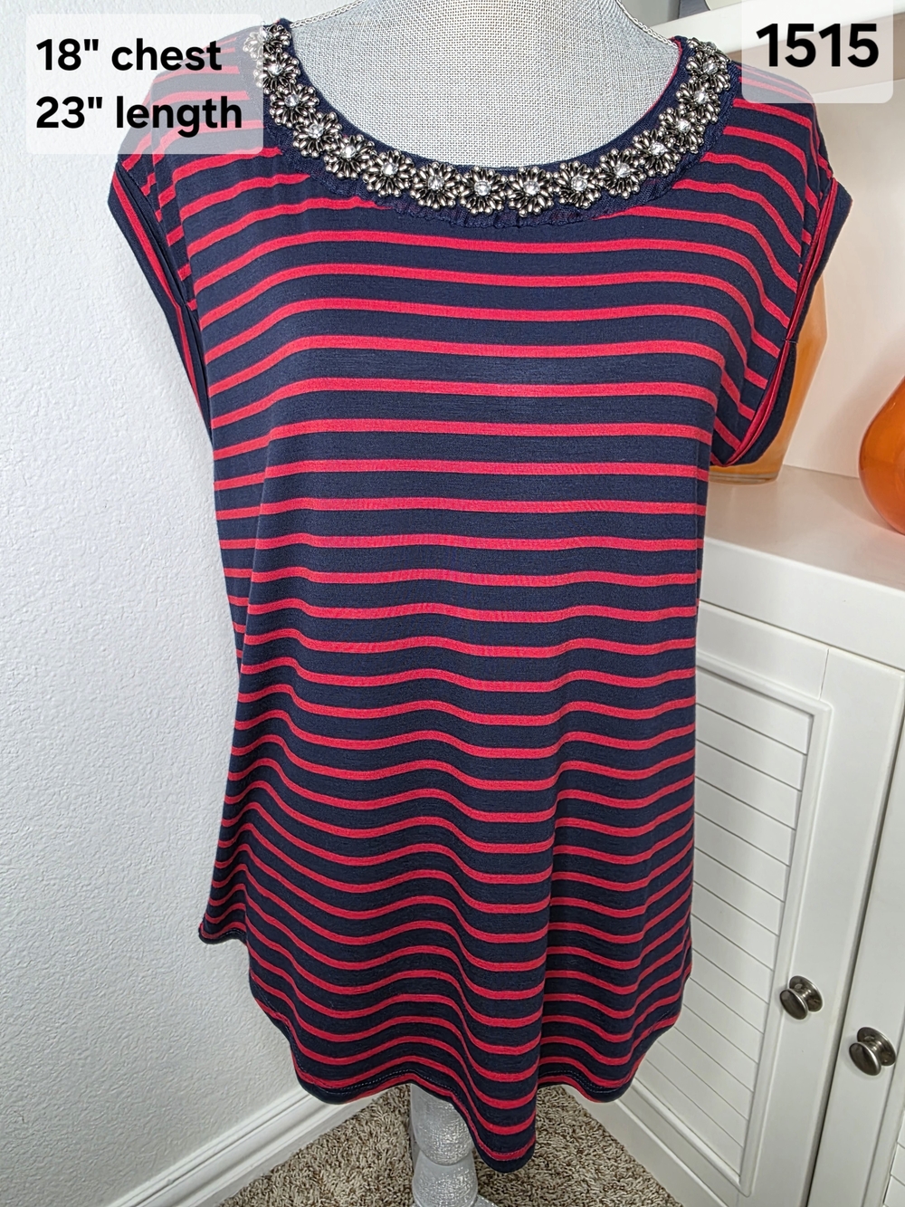 Cupio Navy and Red Striped Beaded Embellished Neck T. Size Large